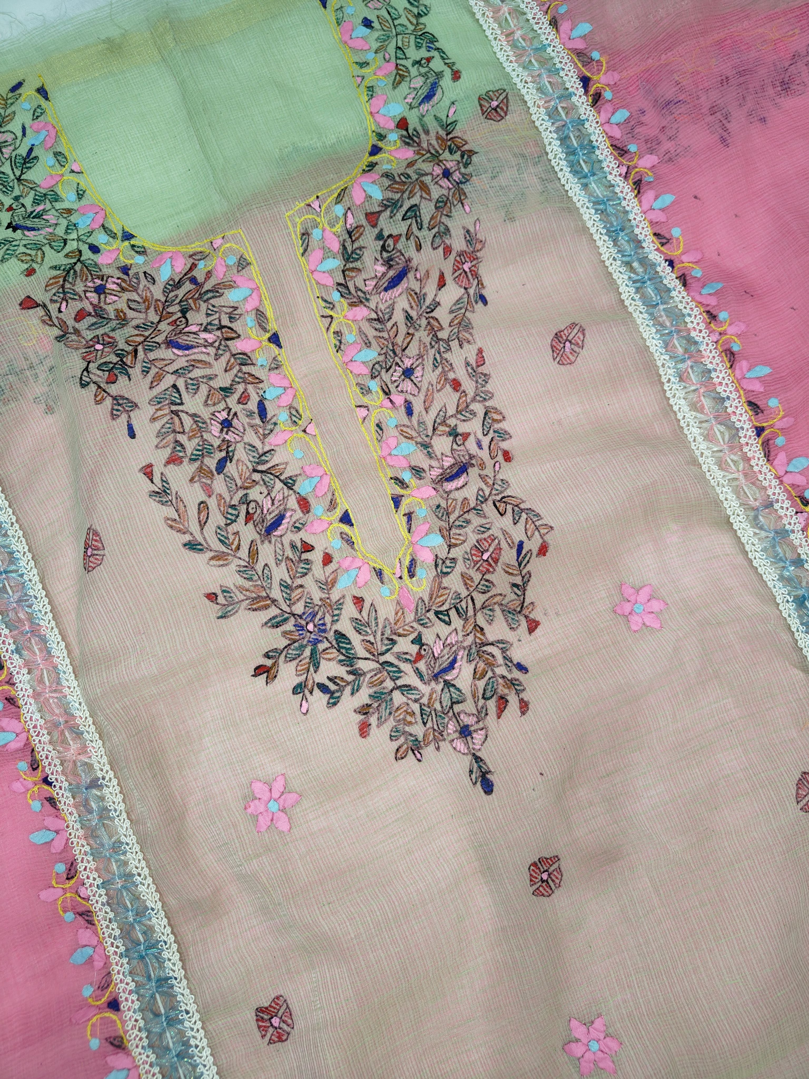 Pastel Green & Pink Soft Kota Doria - Unstitched Suit Set with Phool Patti Work